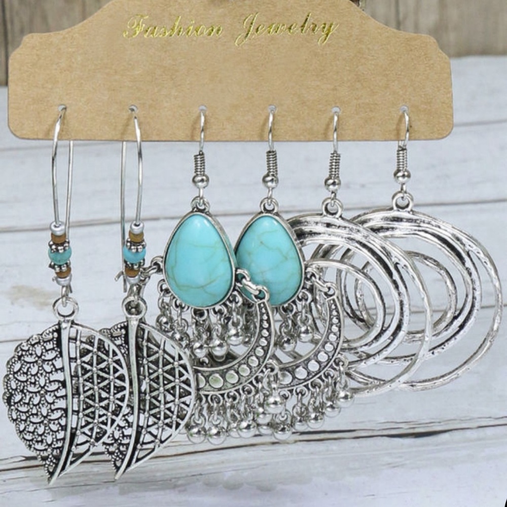 Set of 3 Silver Boho Leaves Drop Earrings